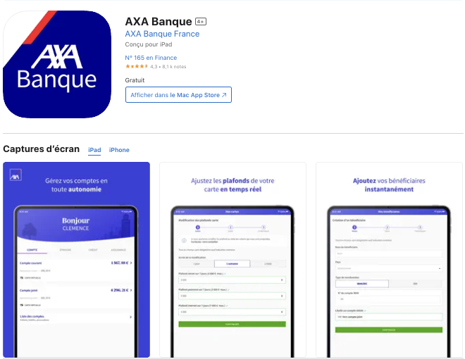 AXA Banque Application screen